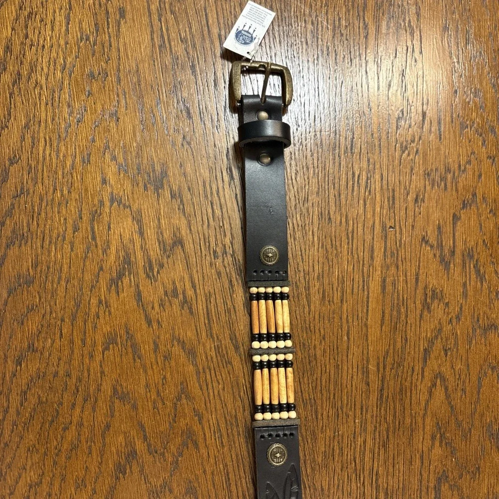 NEW *Flaw* Native American Embossed Leather Wood Beaded Belt Brass Buckle Sz 48